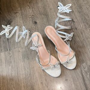 Delicacy Silver Strappy Heels with Floral Rhinestone Wrap Around Accents